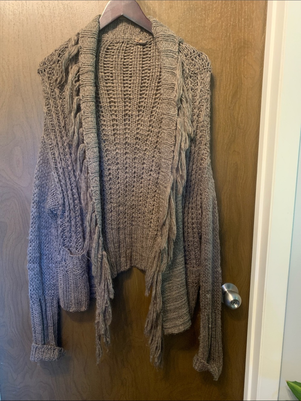 Free People Taupe Open-Front Fringed Cable Knit Cardigan